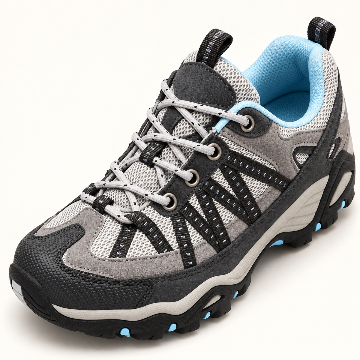 Chaussure randonnée mailles grise montrant ouverture col langue laçage et tissu respirant