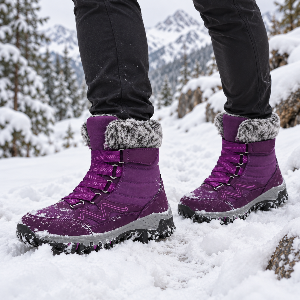 Chaussures randonnée grand froid violettes portées dans la neige profonde
