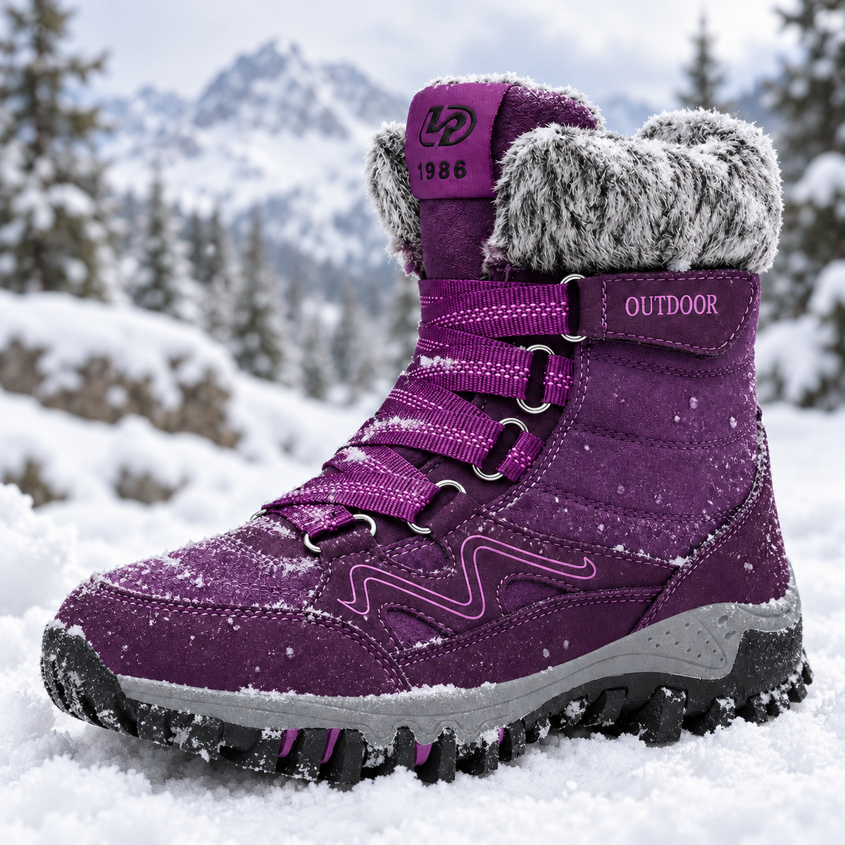 Chaussure randonnée grand froid violette dans la neige – fourrure, laçage et tige