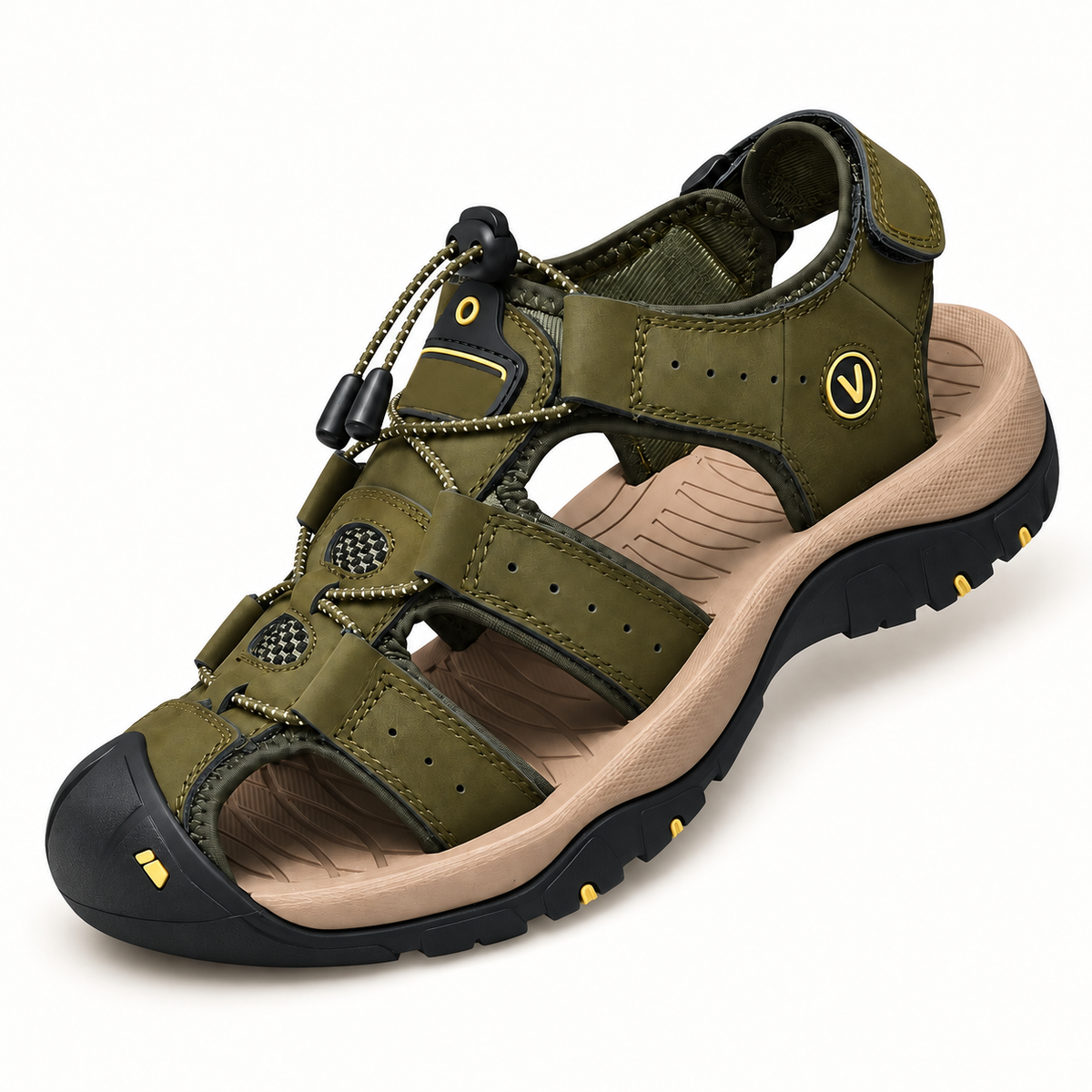 Sandale randonnée homme kaki montrant bout protecteur, ouvertures et coutures