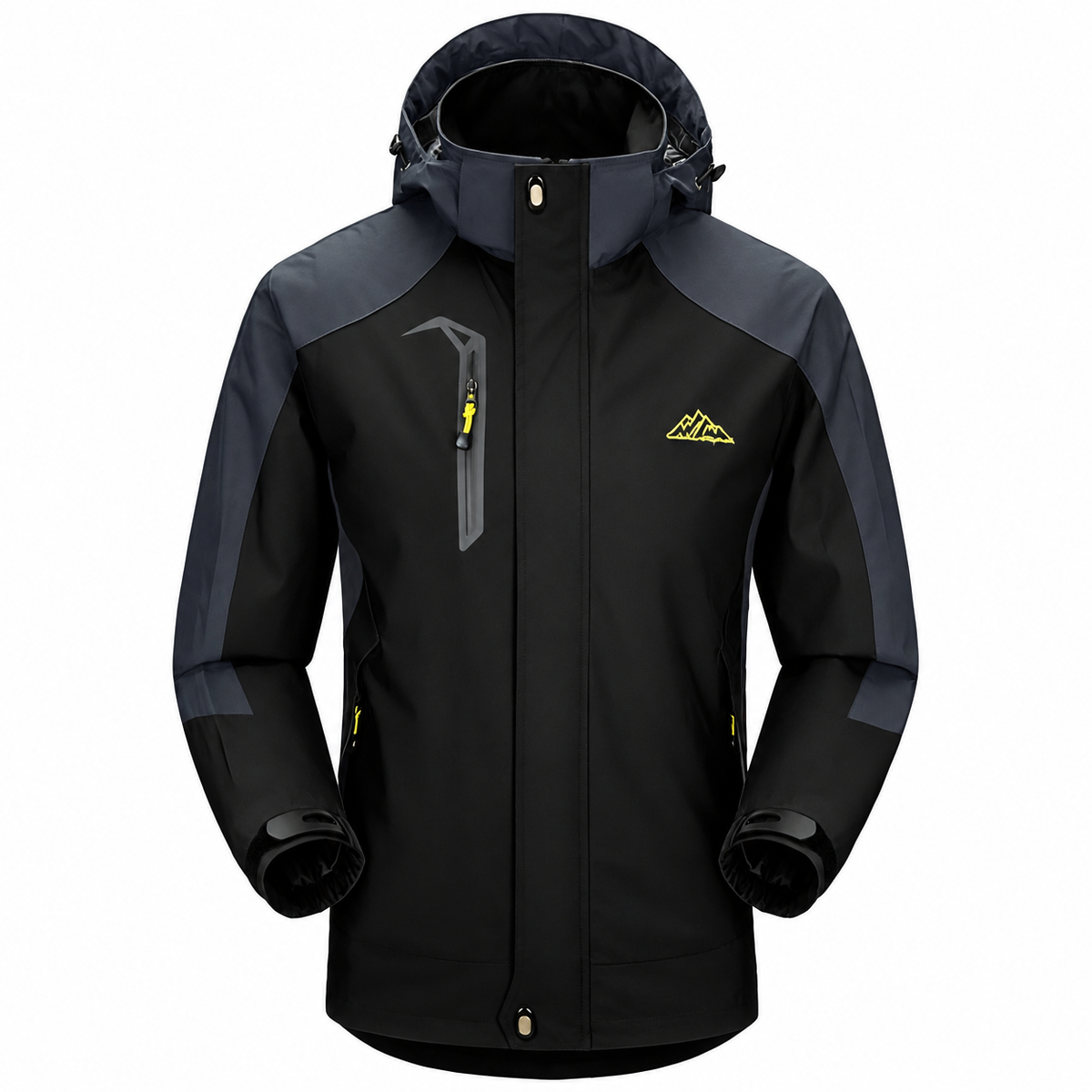 Veste femme de randonnée noire et jaune vue de face sur fond blanc
