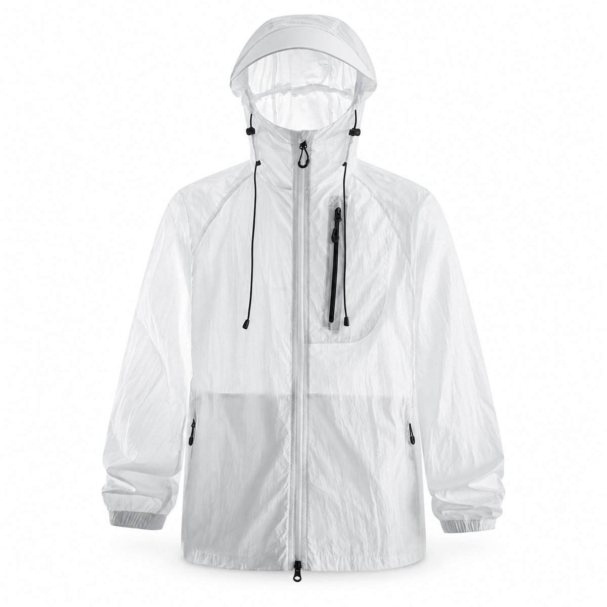 Veste de randonnée imperméable blanche avec capuche sur fond blanc