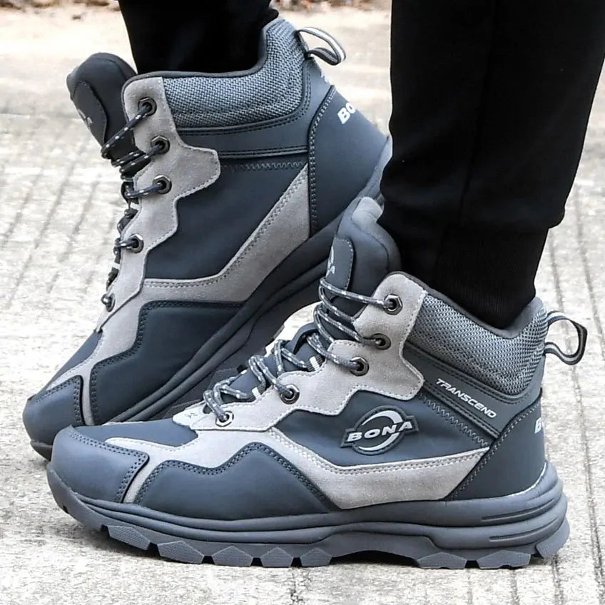 Gray and dark gray bona transcend high-top hiking boots with suede and mesh panels