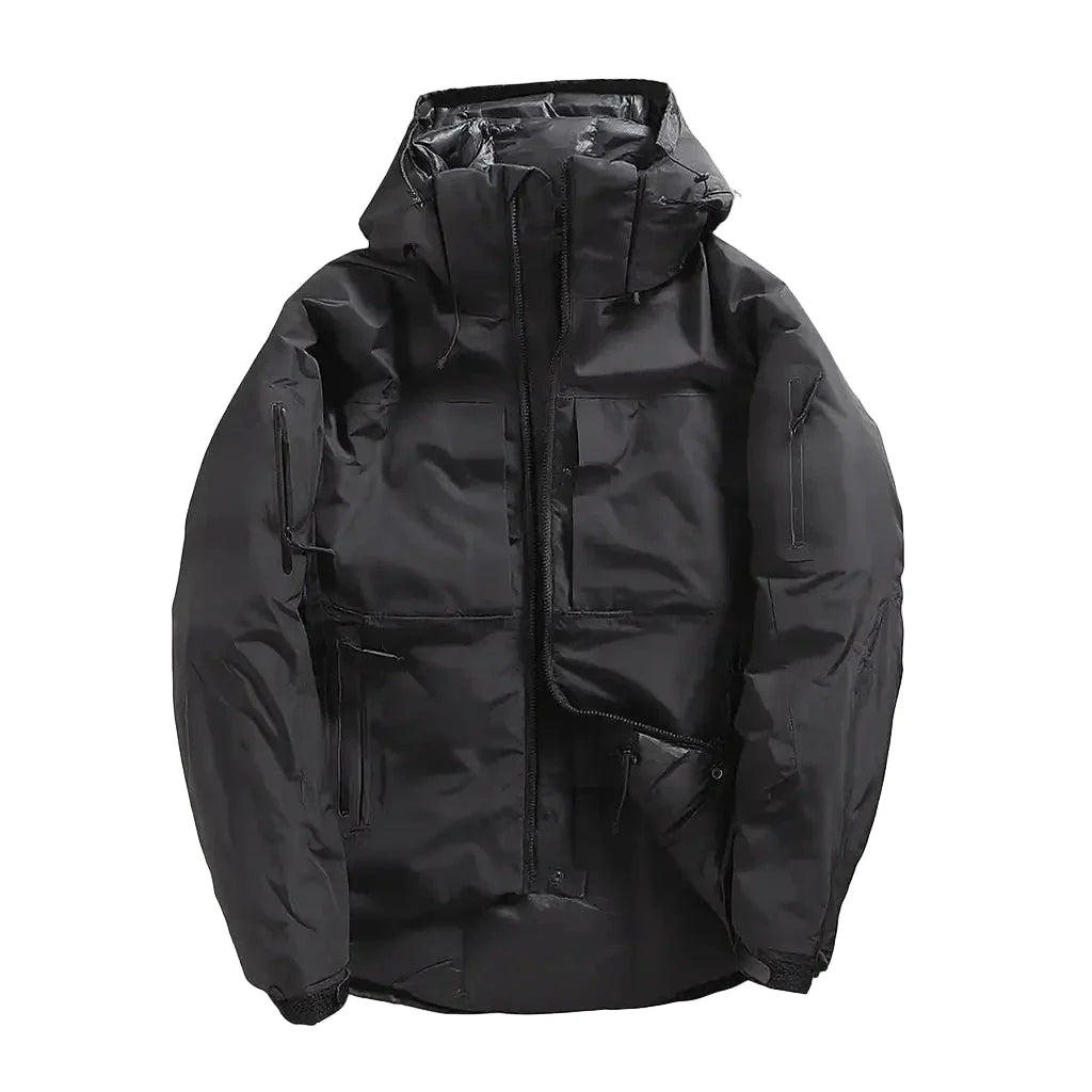 Veste noire à capuche imperméable avec multiples poches zippées et coupe technique
