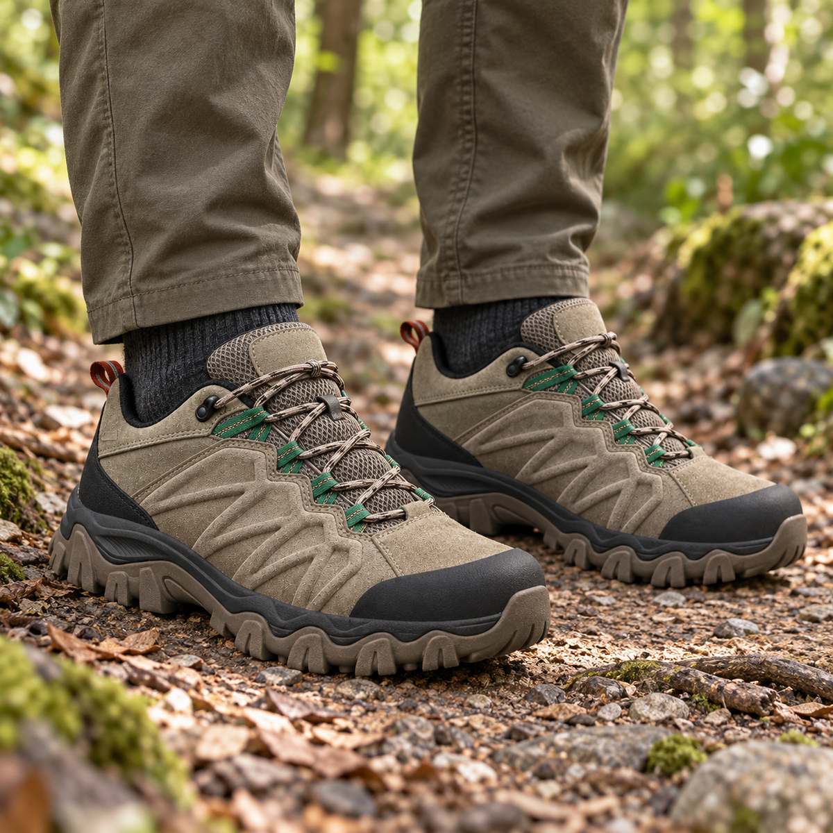 Paire de chaussures randonnée beige homme portée sur sentier