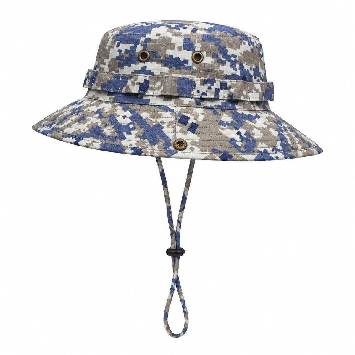Bob de pluie homme bleu camouflage – détail des œillets latéraux