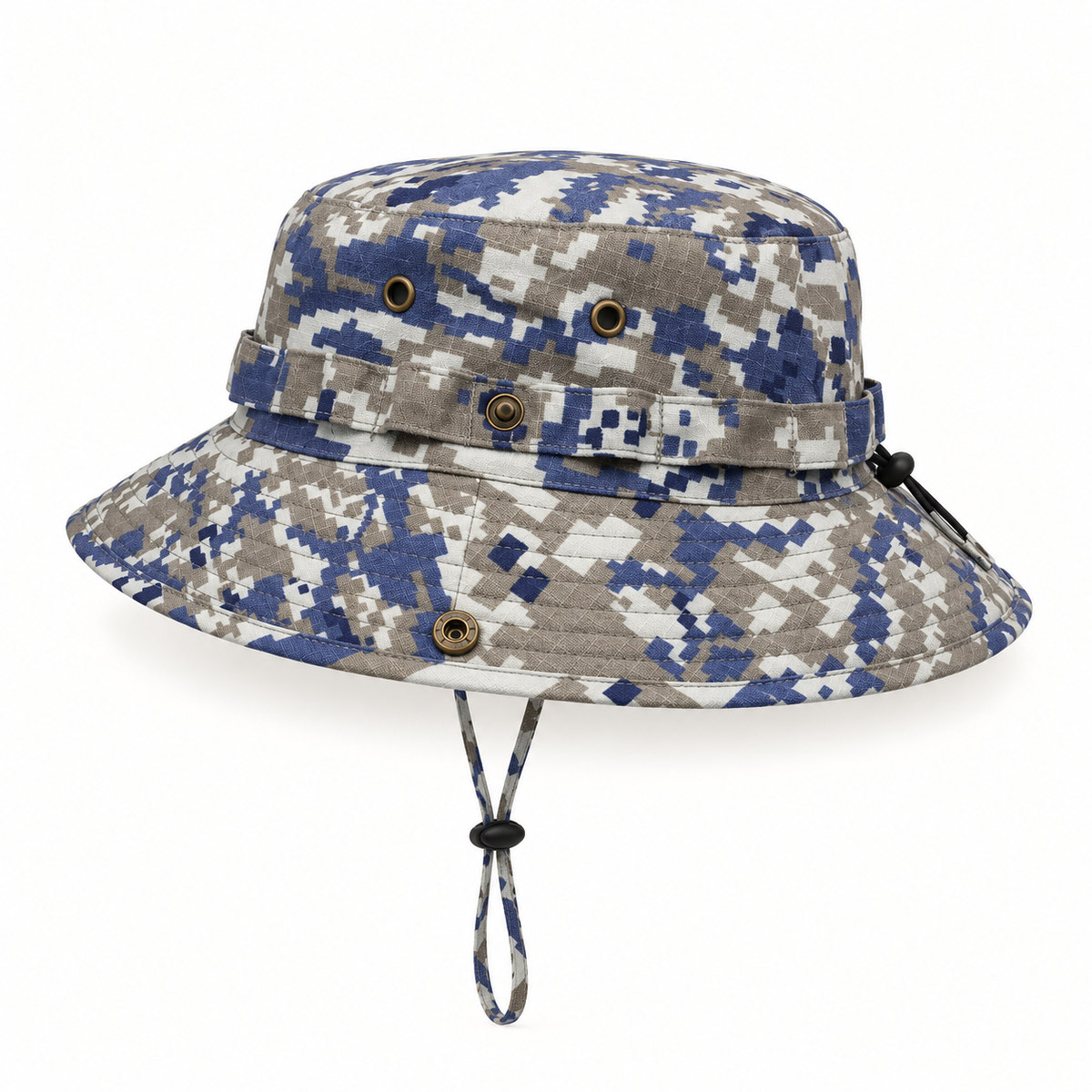 Bob de pluie homme bleu camouflage – détail de la bande et des pressions