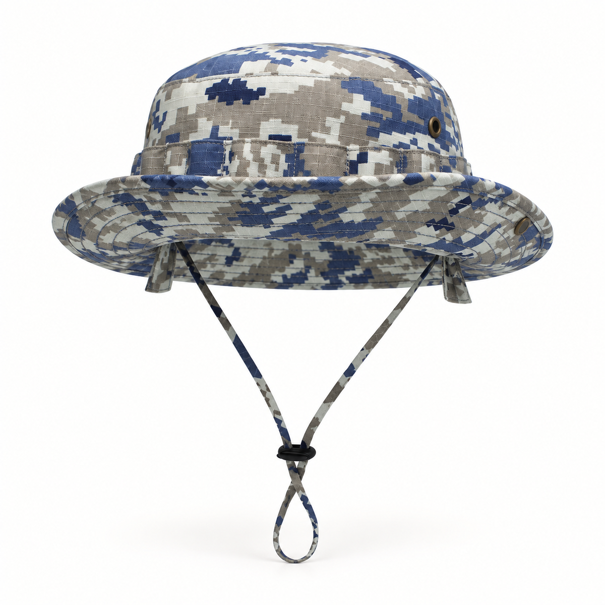 Bob de pluie homme bleu camouflage – détail du bord cousu