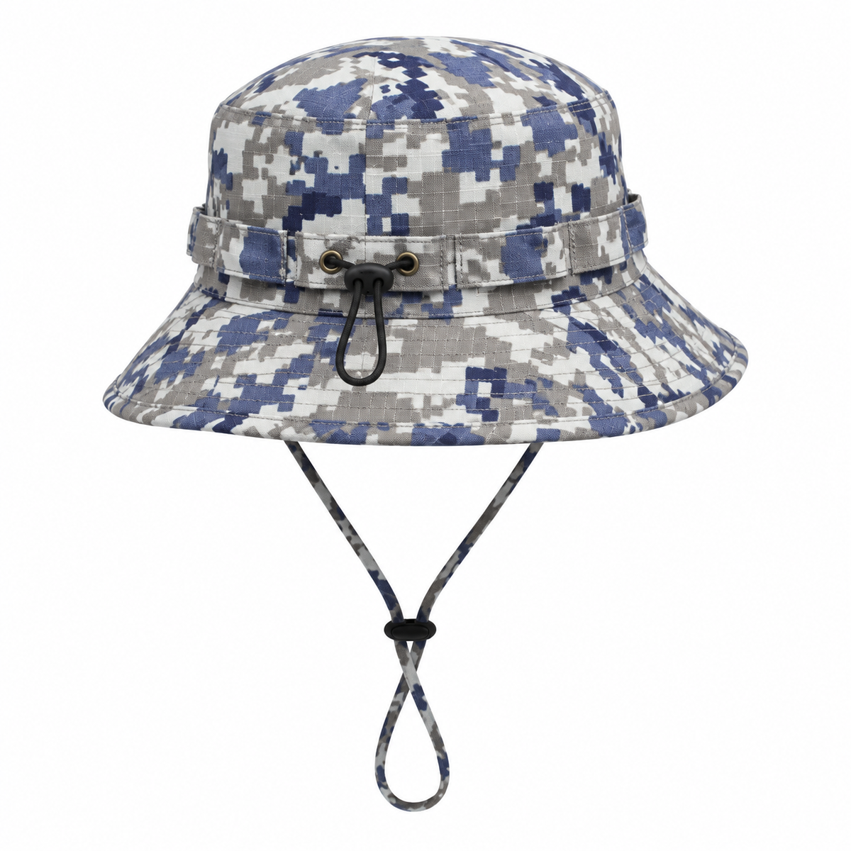Bob de pluie homme bleu camouflage – détail des cordons de réglage