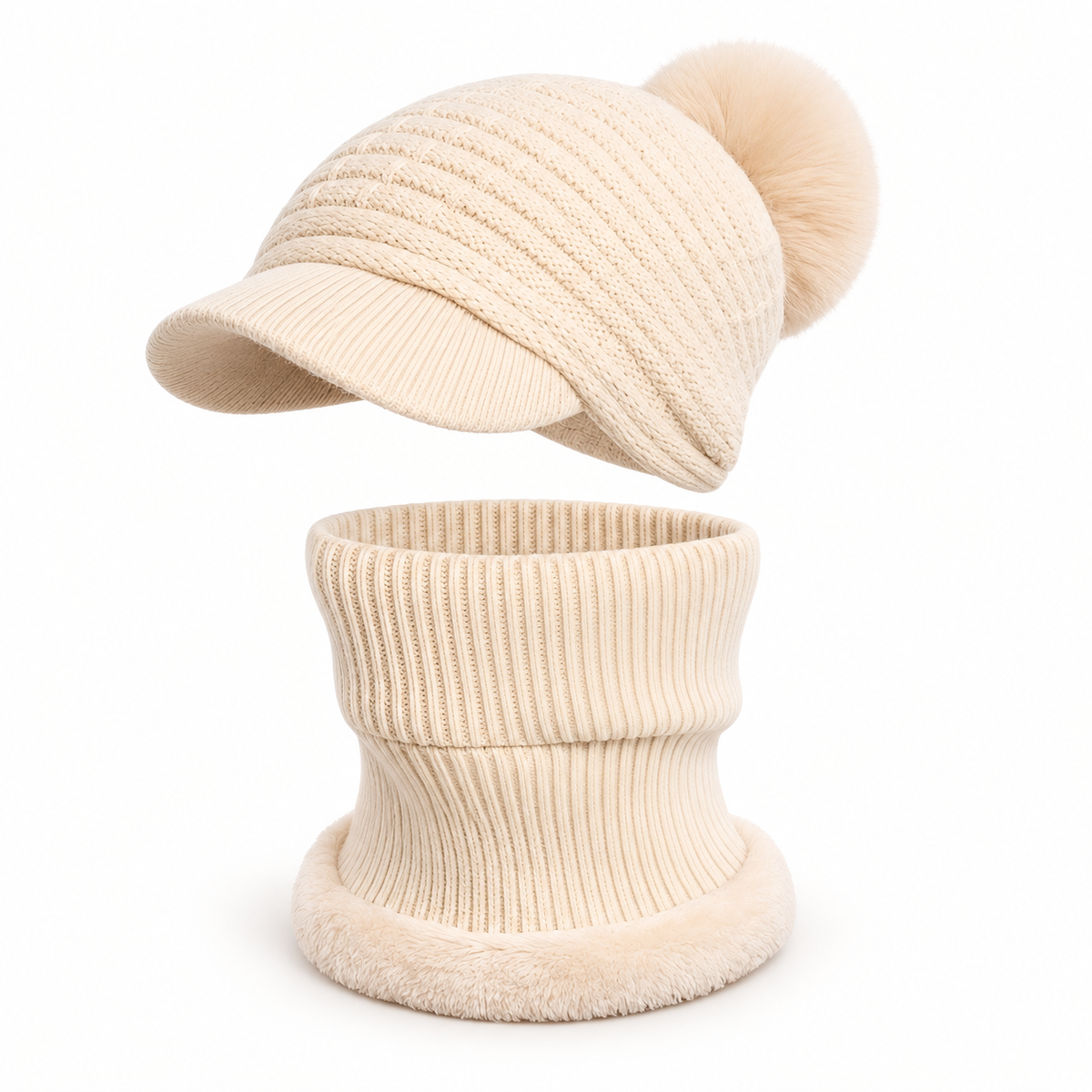 Bonnet casquette femme beige crème avec cache-cou – vue trois-quarts