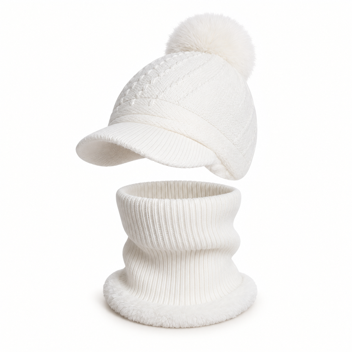 Bonnet casquette femme blanc avec cache-cou – vue trois-quarts