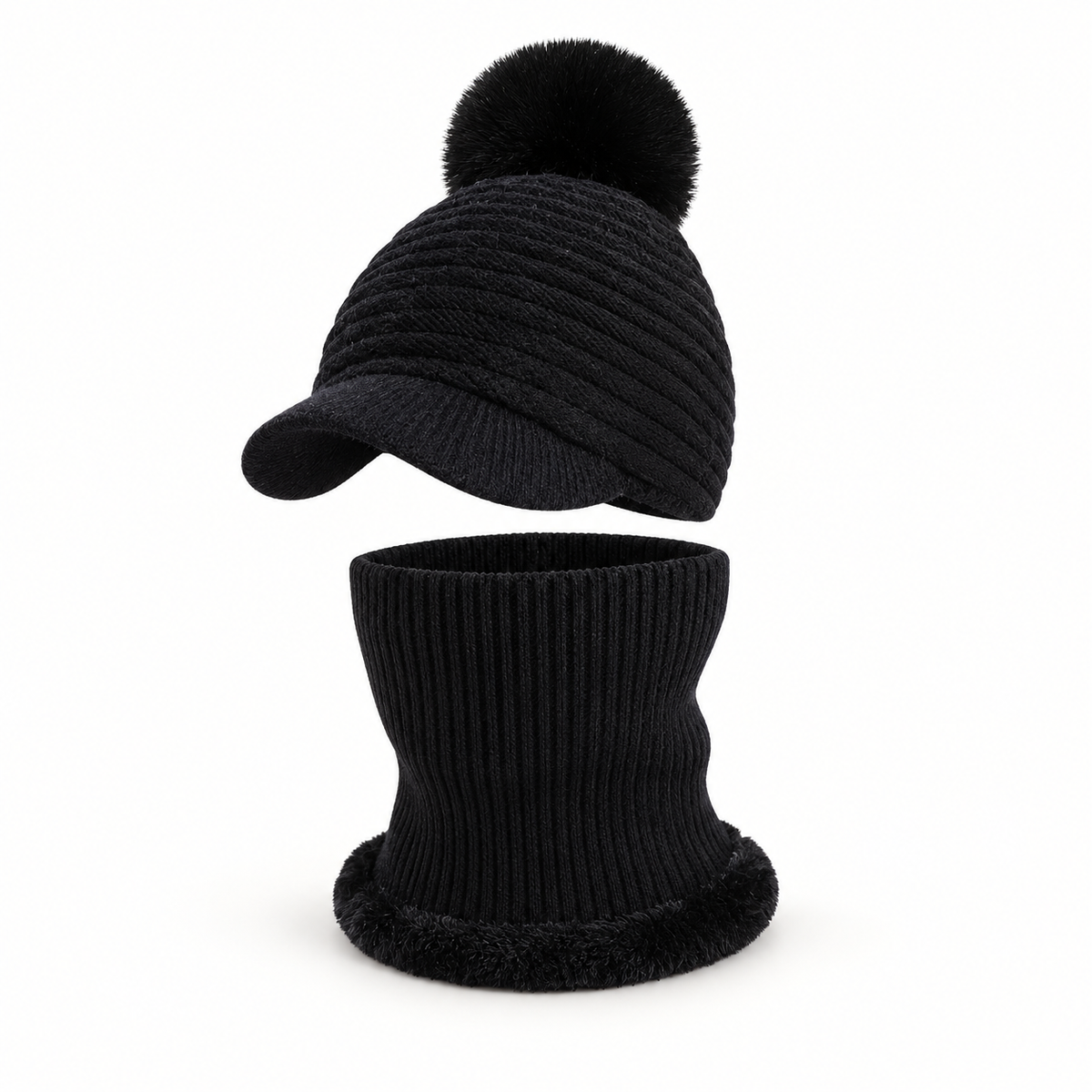 Bonnet casquette femme noir avec cache-cou – vue trois-quarts