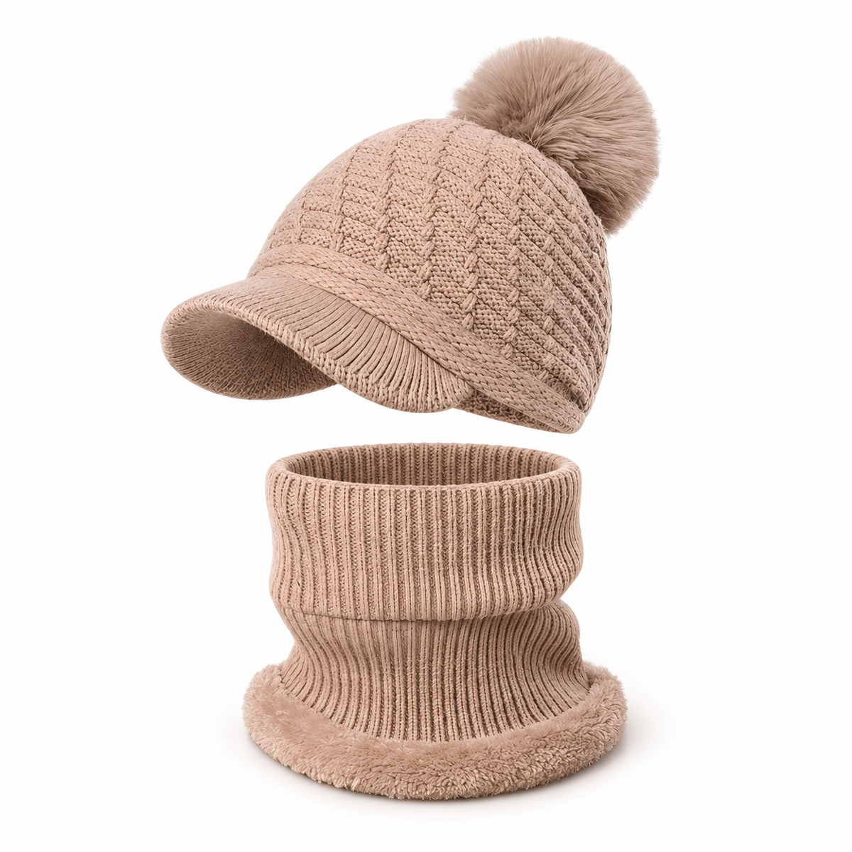 Bonnet casquette femme taupe avec cache-cou – vue trois-quarts