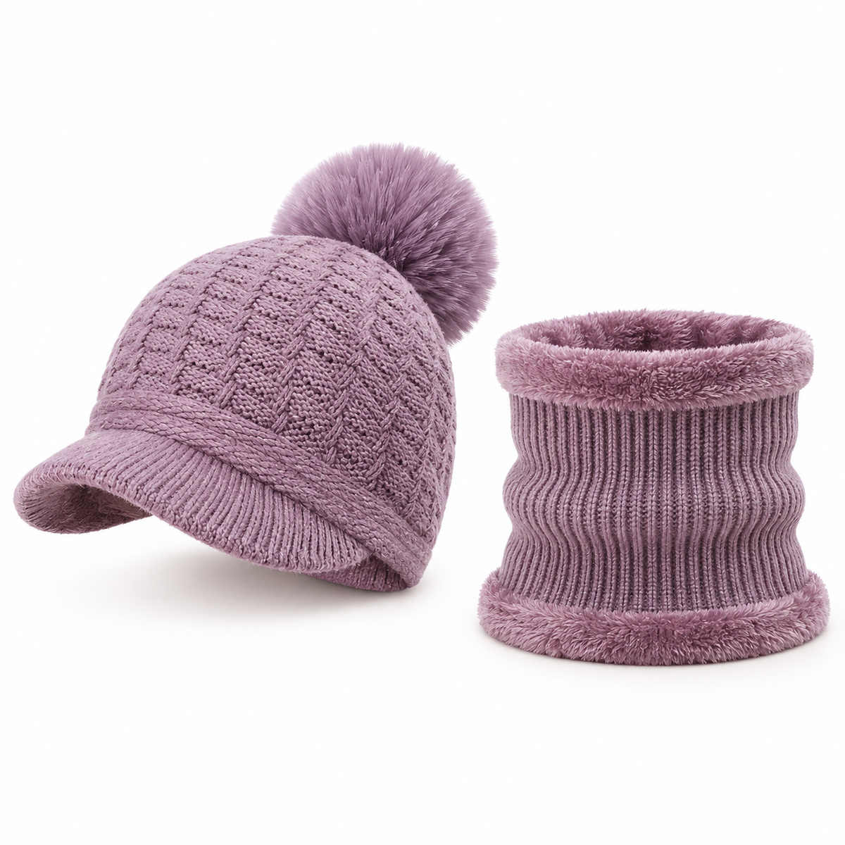 Bonnet casquette femme violet pâle et cache-cou assorti séparés