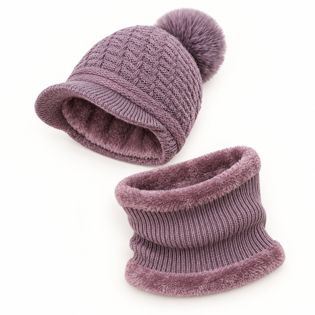 Bonnet casquette femme violet pâle – intérieur du bonnet et du cache-cou