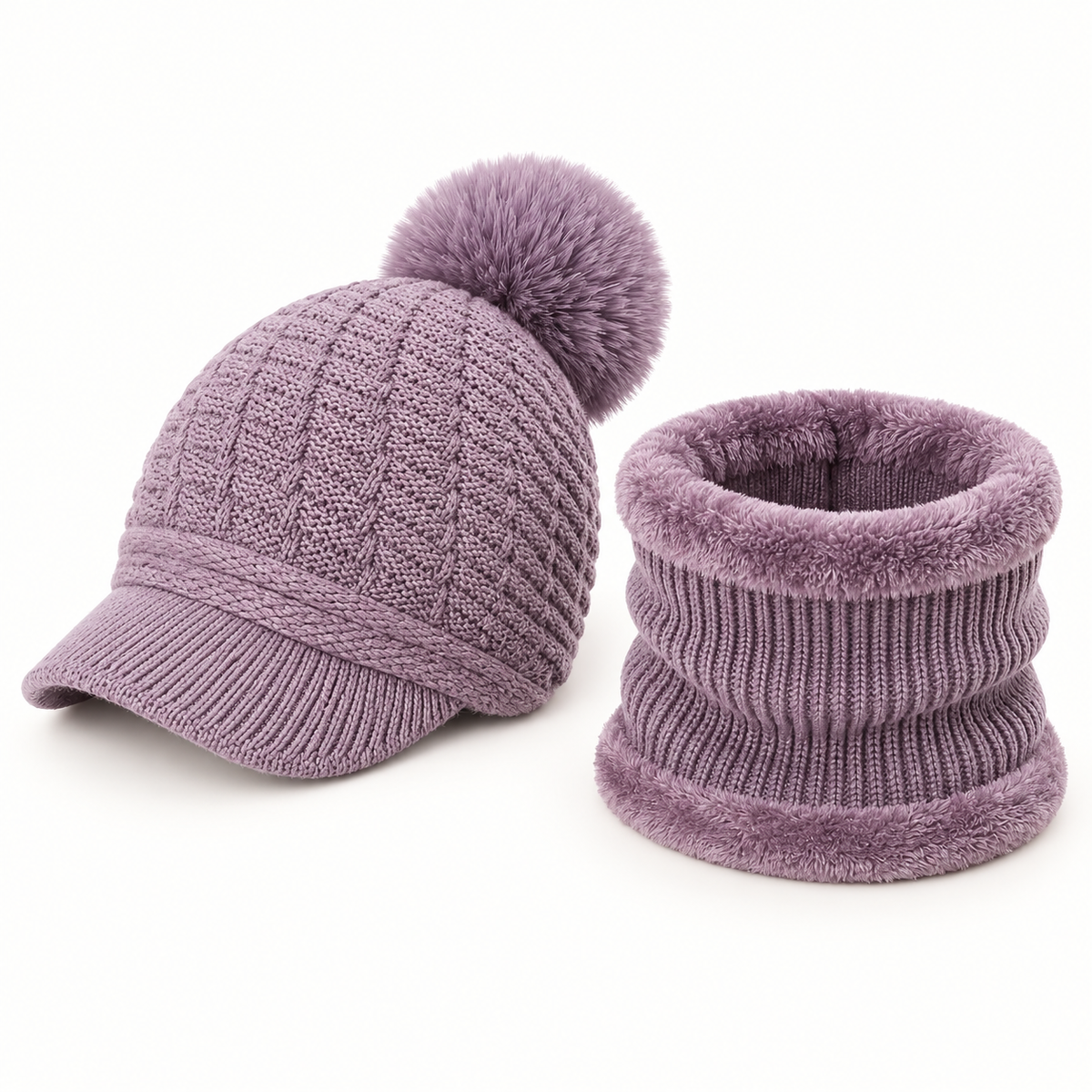 Bonnet casquette femme violet pâle et cache-cou – présentation compacte
