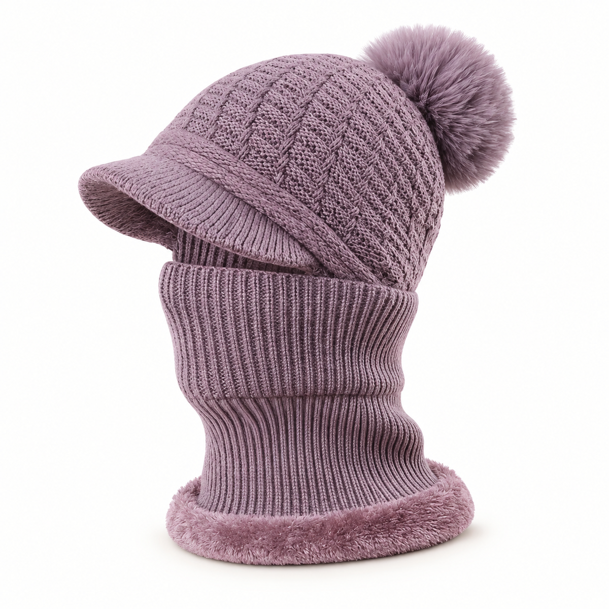 Bonnet casquette femme violet pâle avec cache-cou – vue de profil