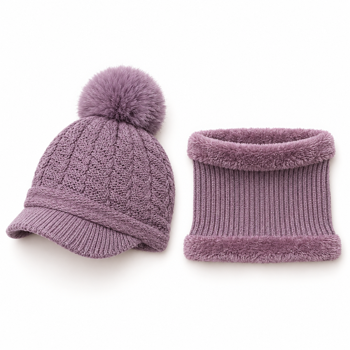 Bonnet casquette femme violet pâle et cache-cou – vue à plat