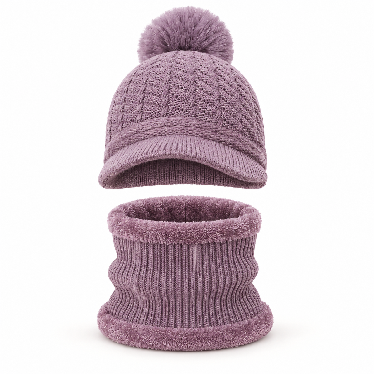 Bonnet casquette femme violet pâle avec cache-cou – vue de face