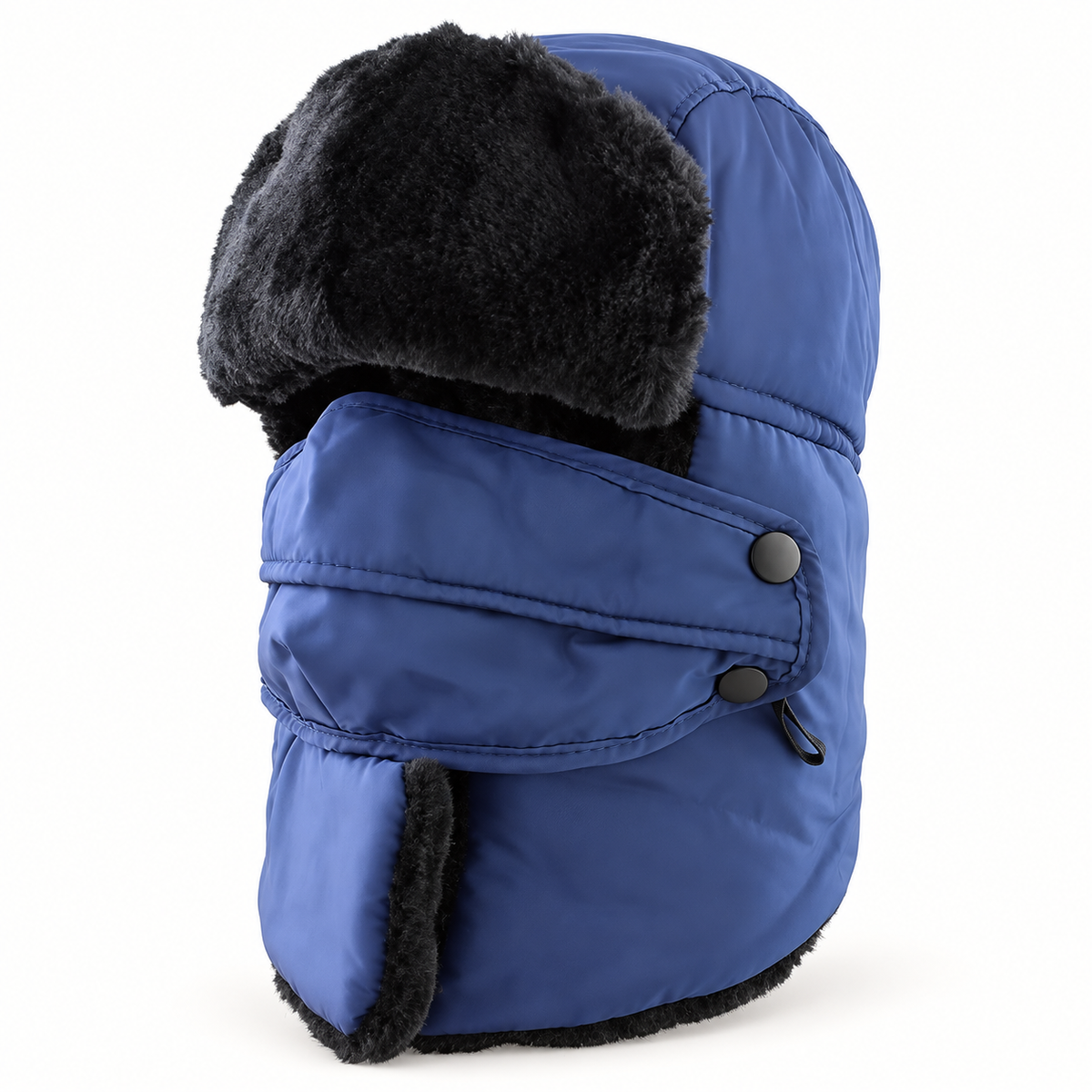Bonnet randonnée léger bleu avec masque – vue trois-quarts