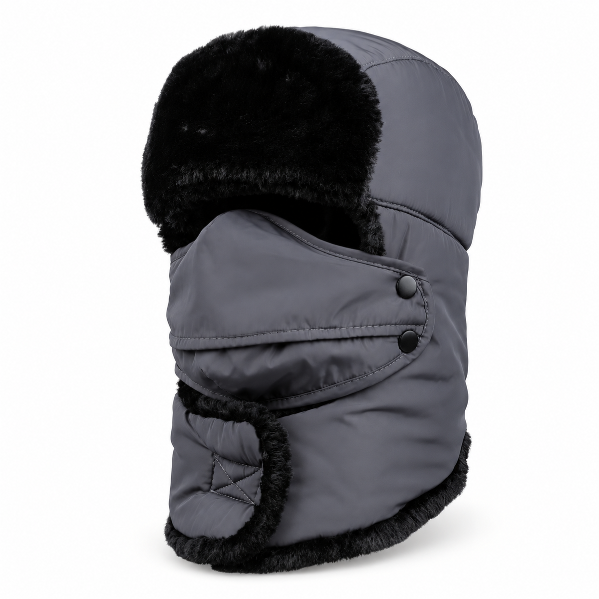 Bonnet randonnée léger gris avec masque – vue trois-quarts