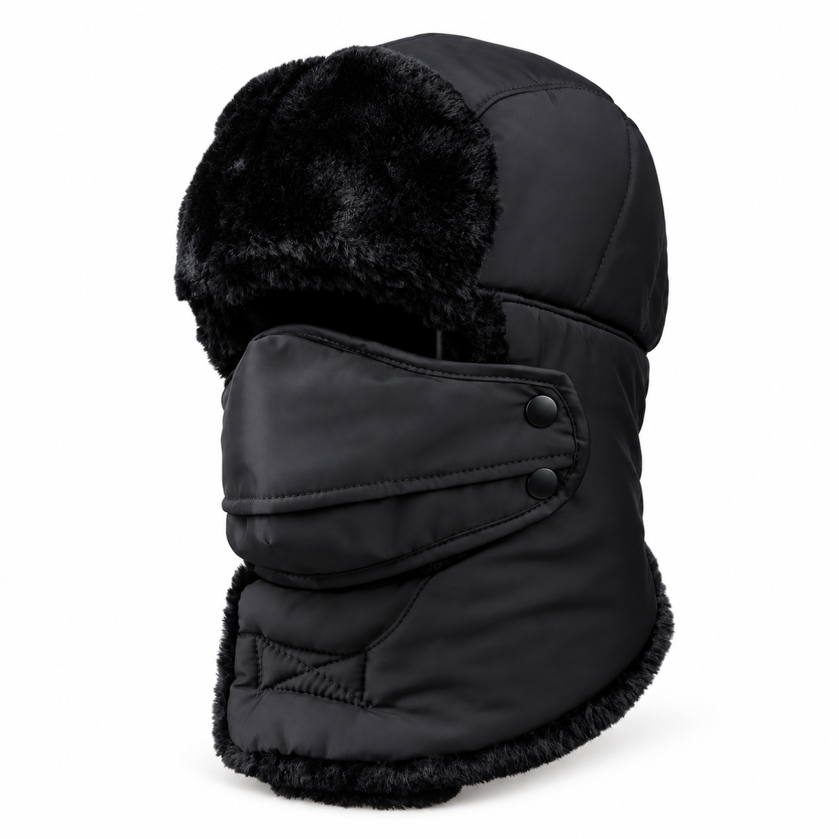Bonnet randonnée léger noir avec masque – vue trois-quarts