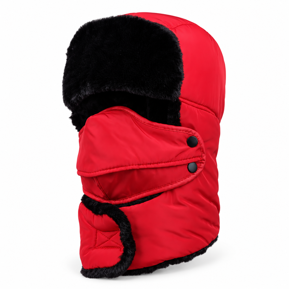 Bonnet randonnée léger rouge avec masque – vue trois-quarts