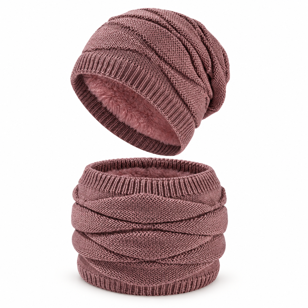 Bonnet ski homme rose et tour de cou – packshot