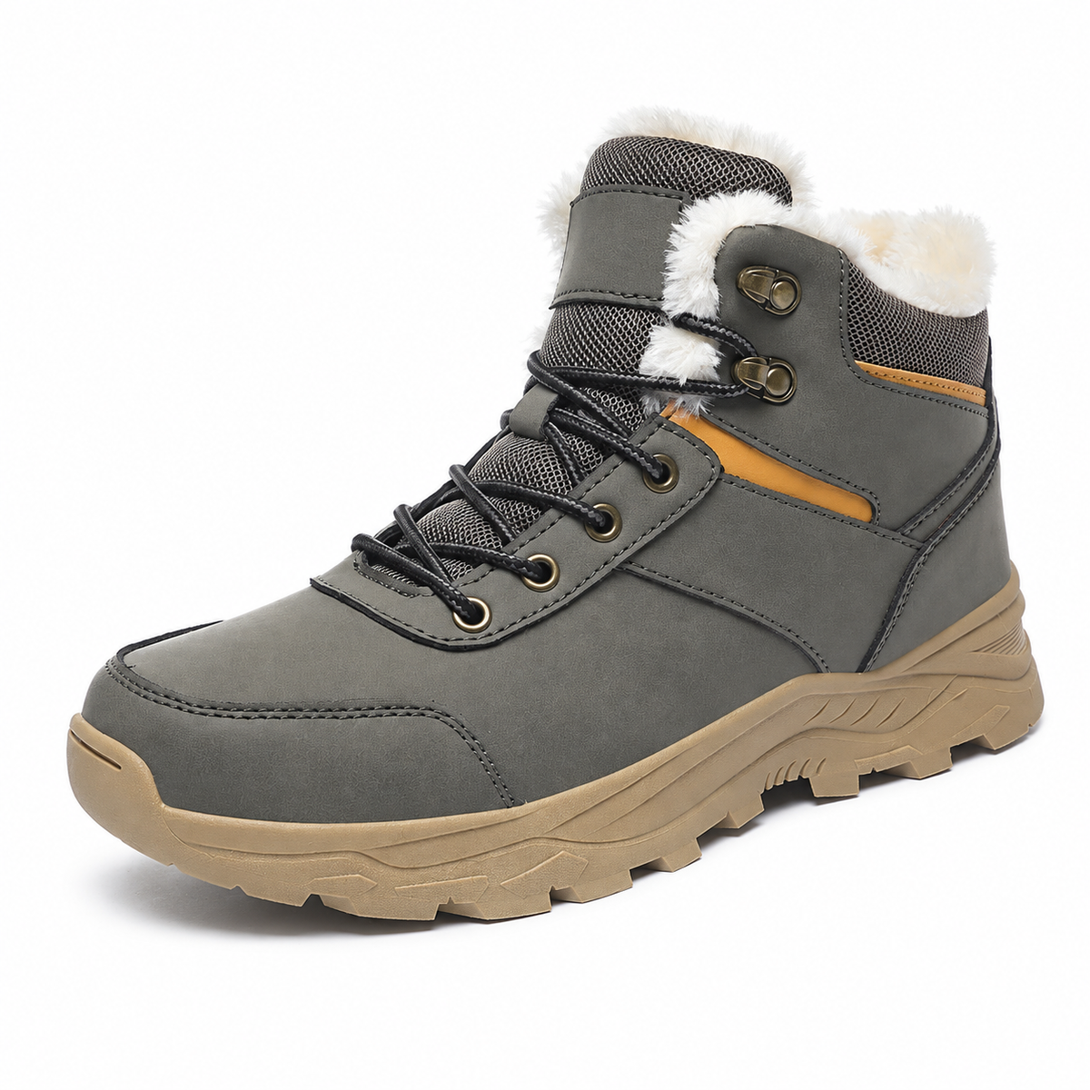 Botte caoutchouc fourrée homme grise – vue trois-quarts sur fond blanc chaud