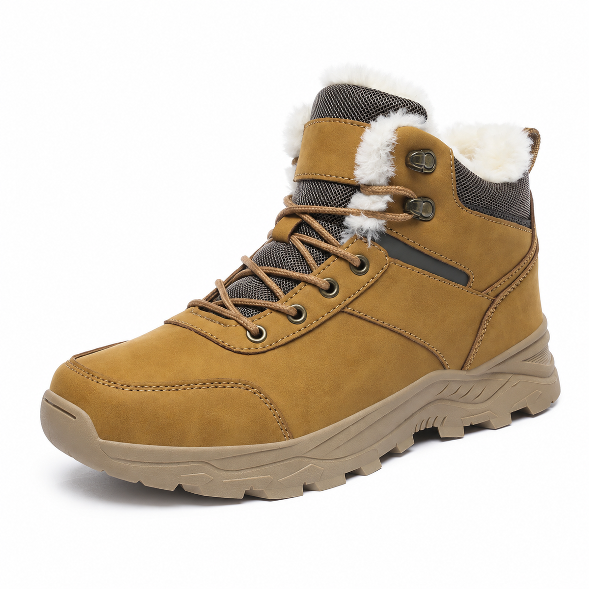 Botte caoutchouc fourrée homme marron – vue trois-quarts sur fond blanc chaud
