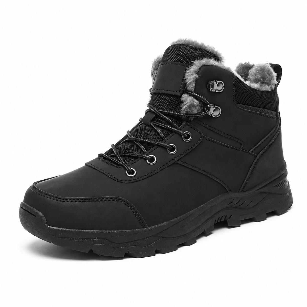 Botte caoutchouc fourrée homme noire – vue trois-quarts sur fond blanc chaud