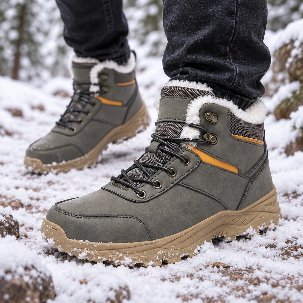Paire de bottes caoutchouc fourrées homme grises portée sur sentier enneigé