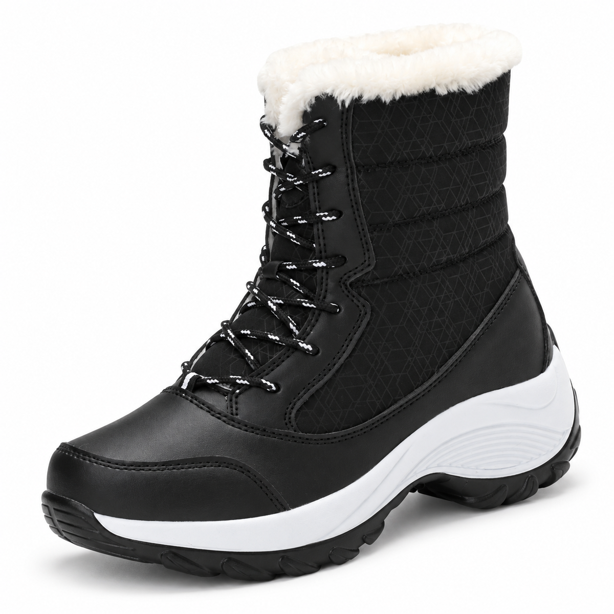 Botte de pluie randonnée femme noire – vue trois-quarts sur fond blanc chaud
