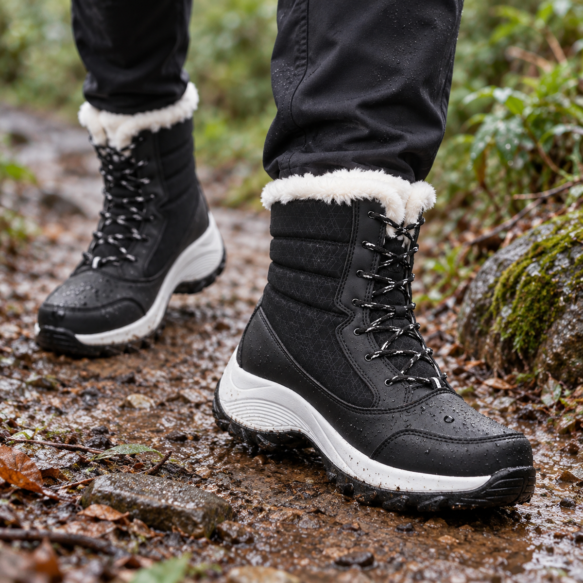 Paire de bottes de pluie randonnée femme portée sur sentier humide