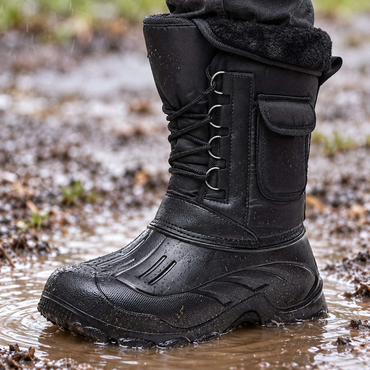 Botte de pluie randonnée homme – détail de la coque dans une flaque