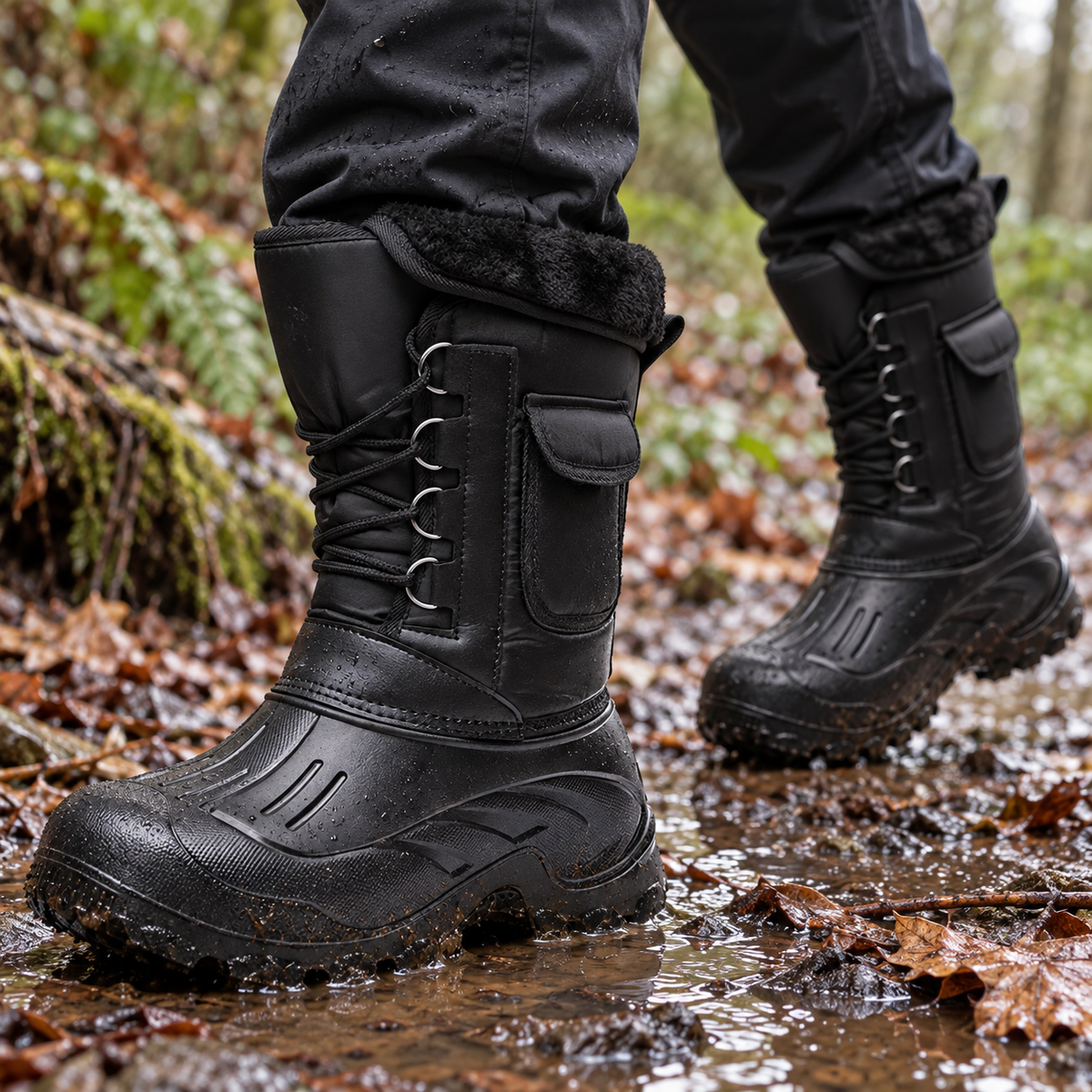 Botte de pluie randonnée homme portée sur un sentier humide