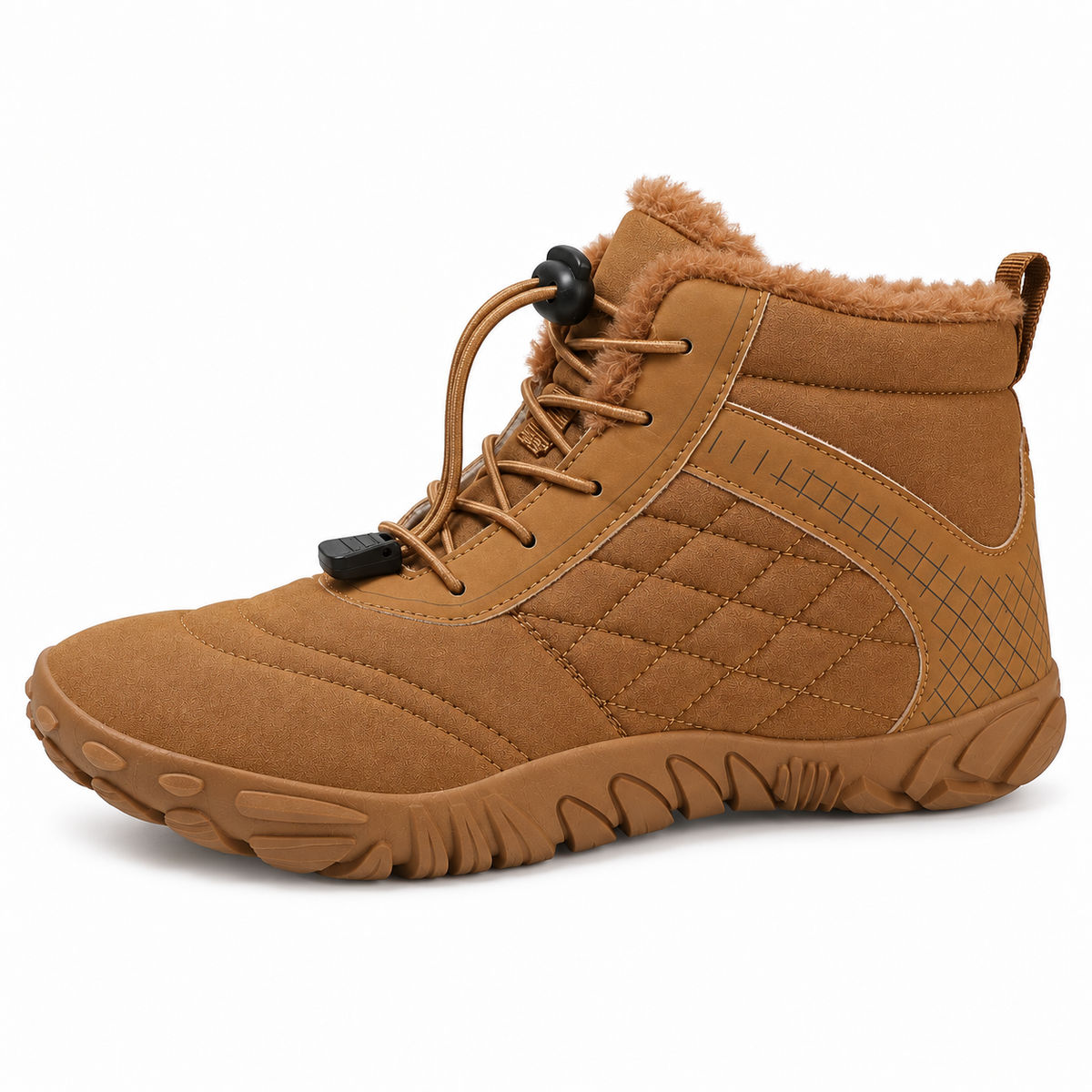 Botte de randonnée beige marron fourrée vue de profil avec tige, panneaux matelassés et semelle souple