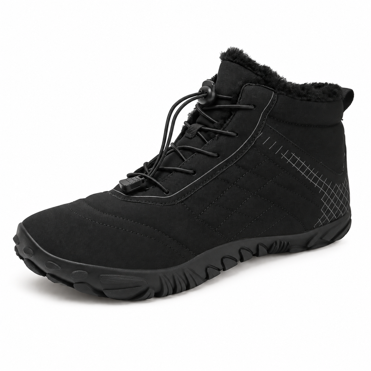 Botte de randonnée noire – vue trois-quarts sur fond blanc chaud