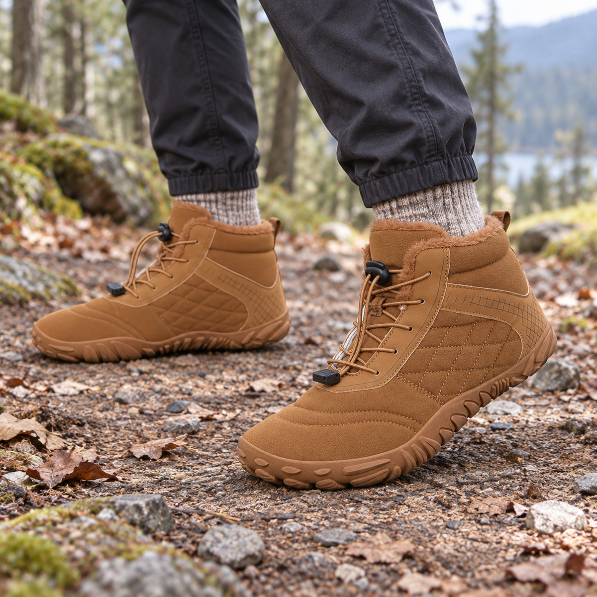 Paire de bottes de randonnée beige marron portée sur sentier