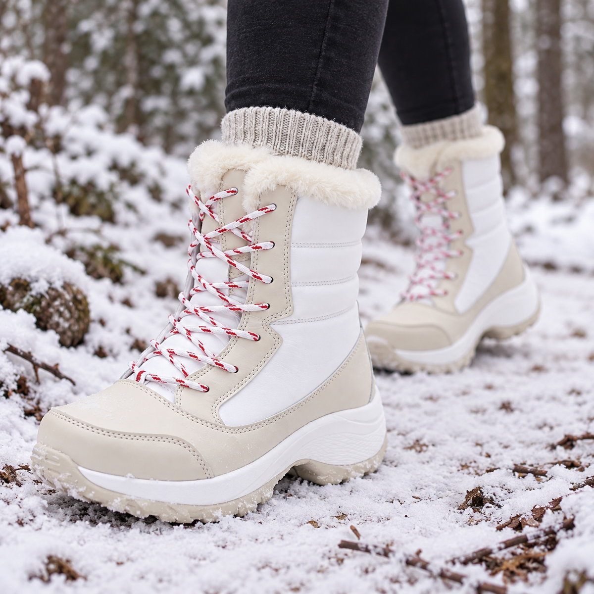 Paire de bottes de randonnée fourrées femme blanches portée sur sentier enneigé