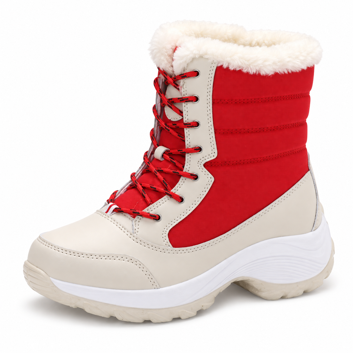 Botte de randonnée fourrée femme rouge – vue trois-quarts sur fond blanc chaud