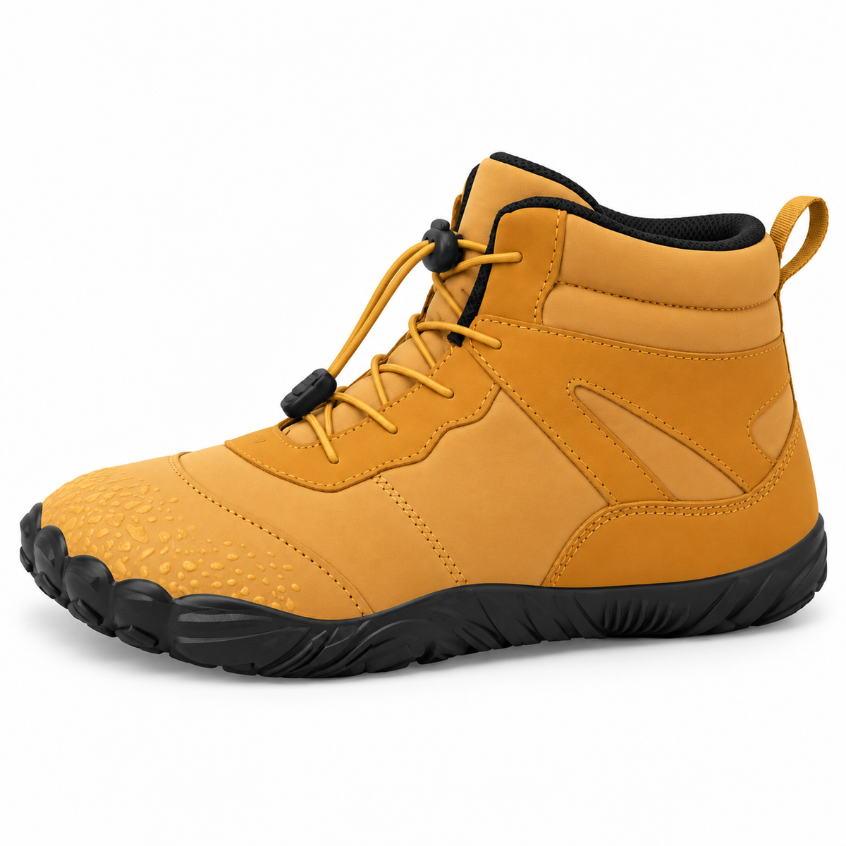 Botte de randonnée jaune vue de profil montrant tige, laçage rapide et semelle noire