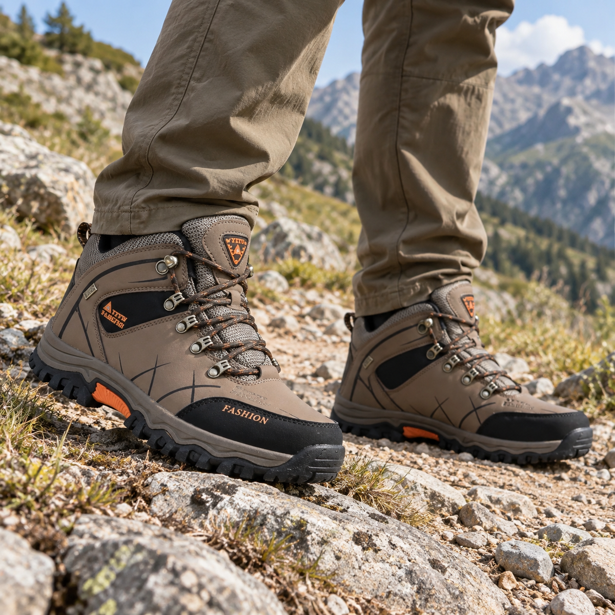 Bottes montagne homme kaki portées sur un sentier rocheux