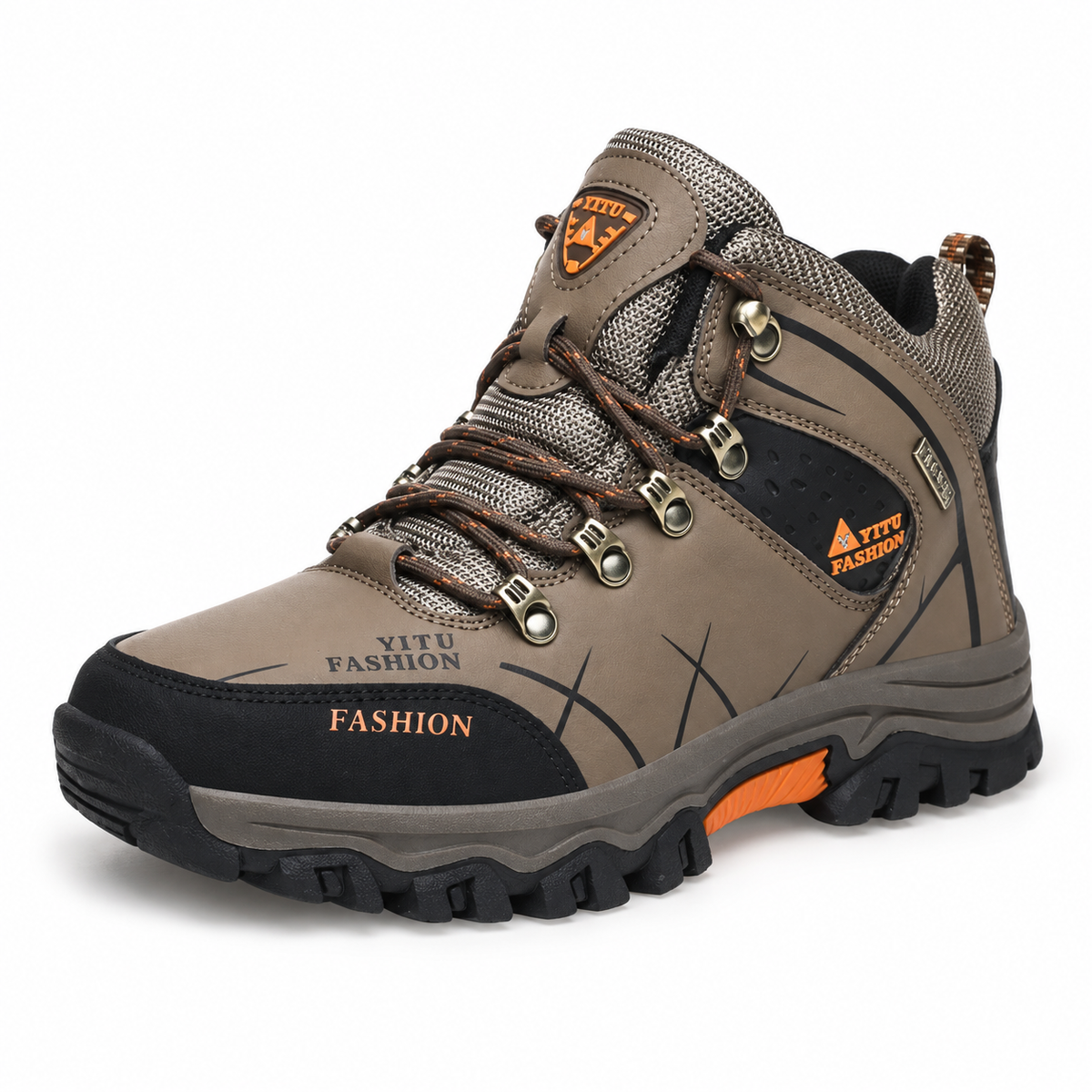 Botte montagne homme kaki – vue trois-quarts sur fond blanc