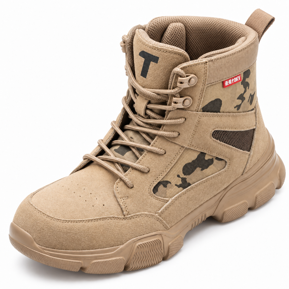 Botte de randonnée en daim beige vue du dessus avec col et languette rembourrés