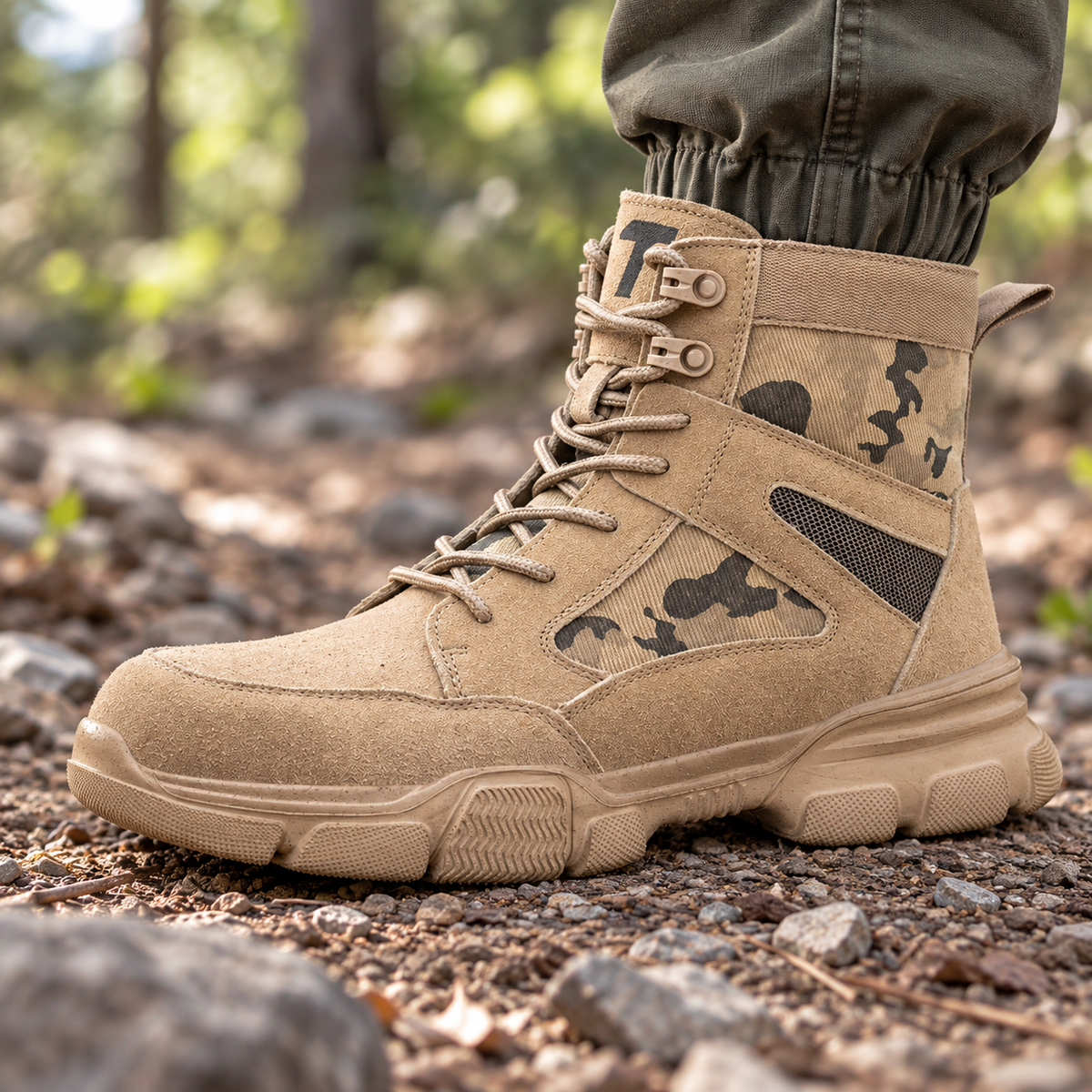 Botte randonnée daim beige au contact d’un sentier rocheux