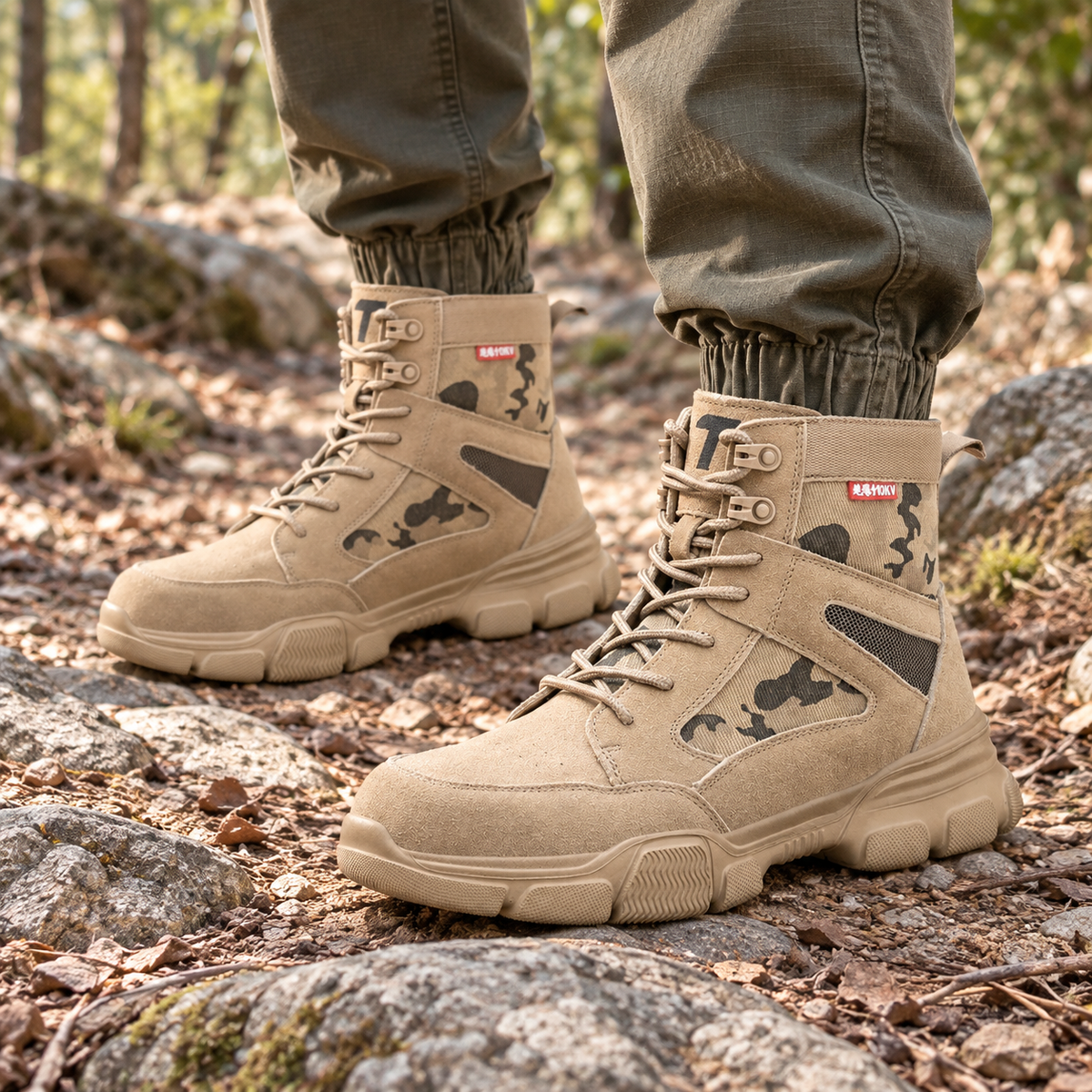 Paire de bottes randonnée daim beige portée sur sentier