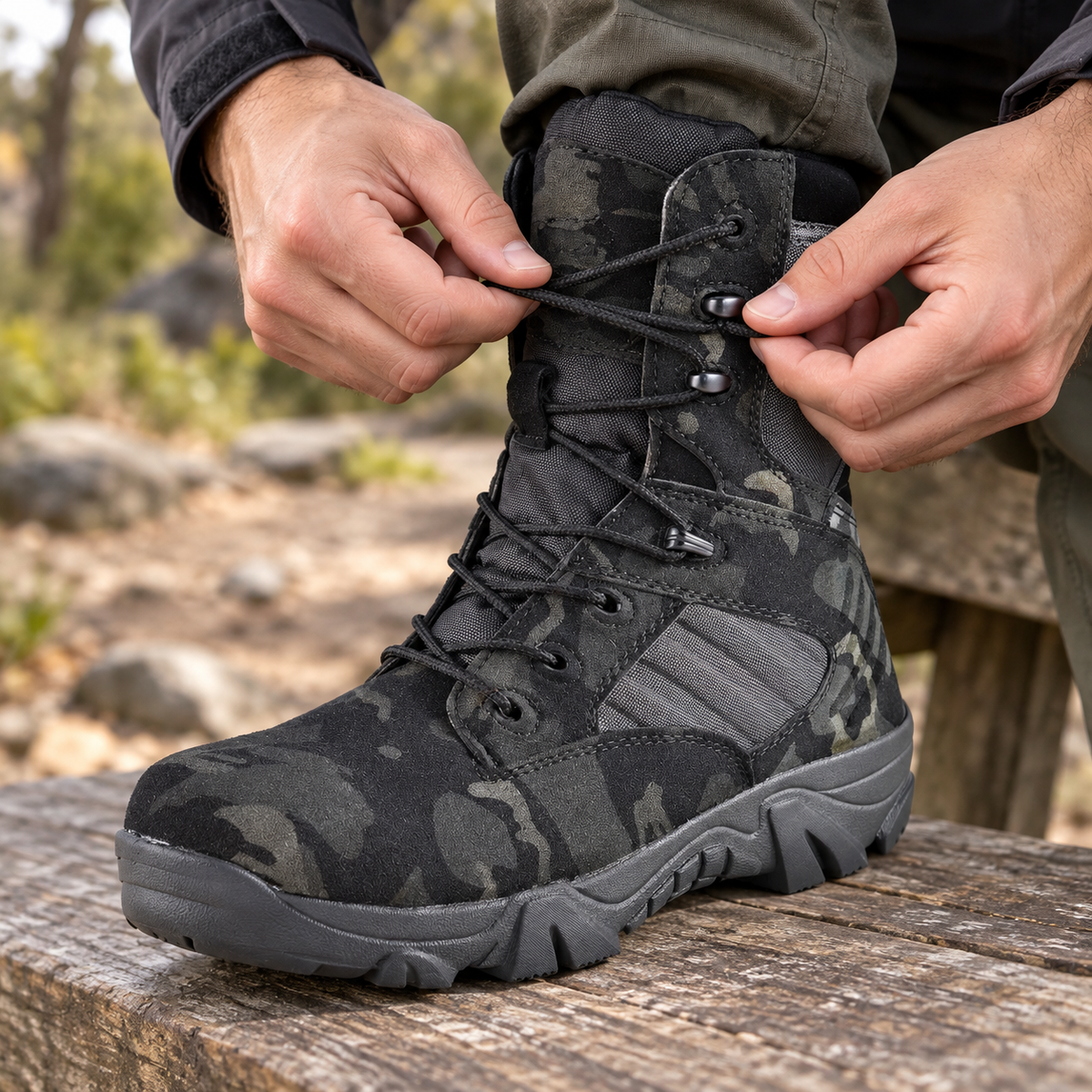 Botte randonnée hautes camouflage noir – ajustement des lacets
