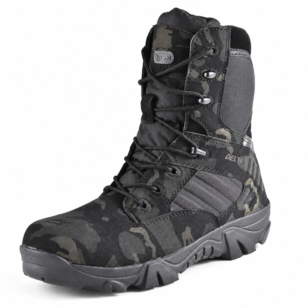 Botte randonnée hautes camouflage noir – vue trois-quarts