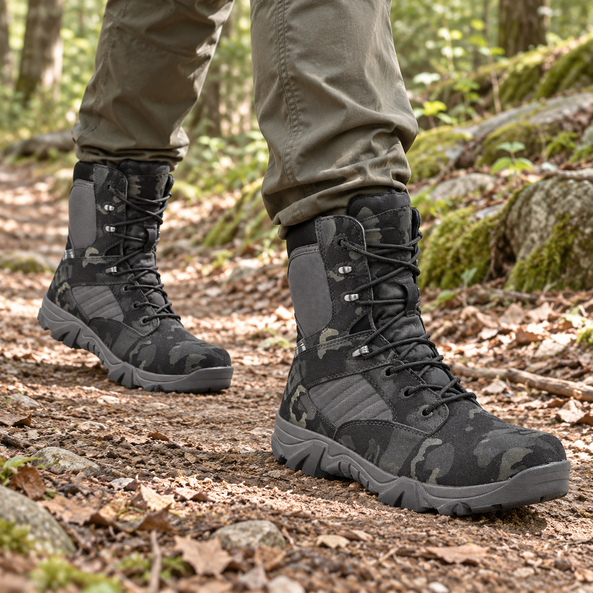 Bottes randonnée hautes camouflage noir portées sur un sentier forestier